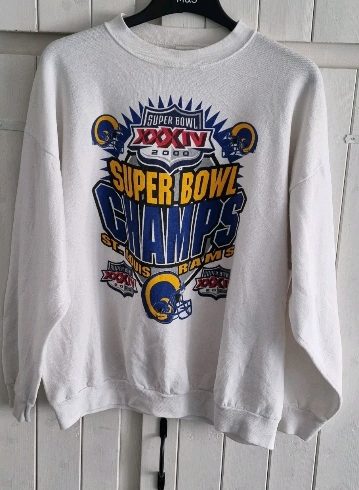 VTG 2000 Super Bowl St Louis Rams White Graphic Crewneck Sweatshirt Sz XL Tultex