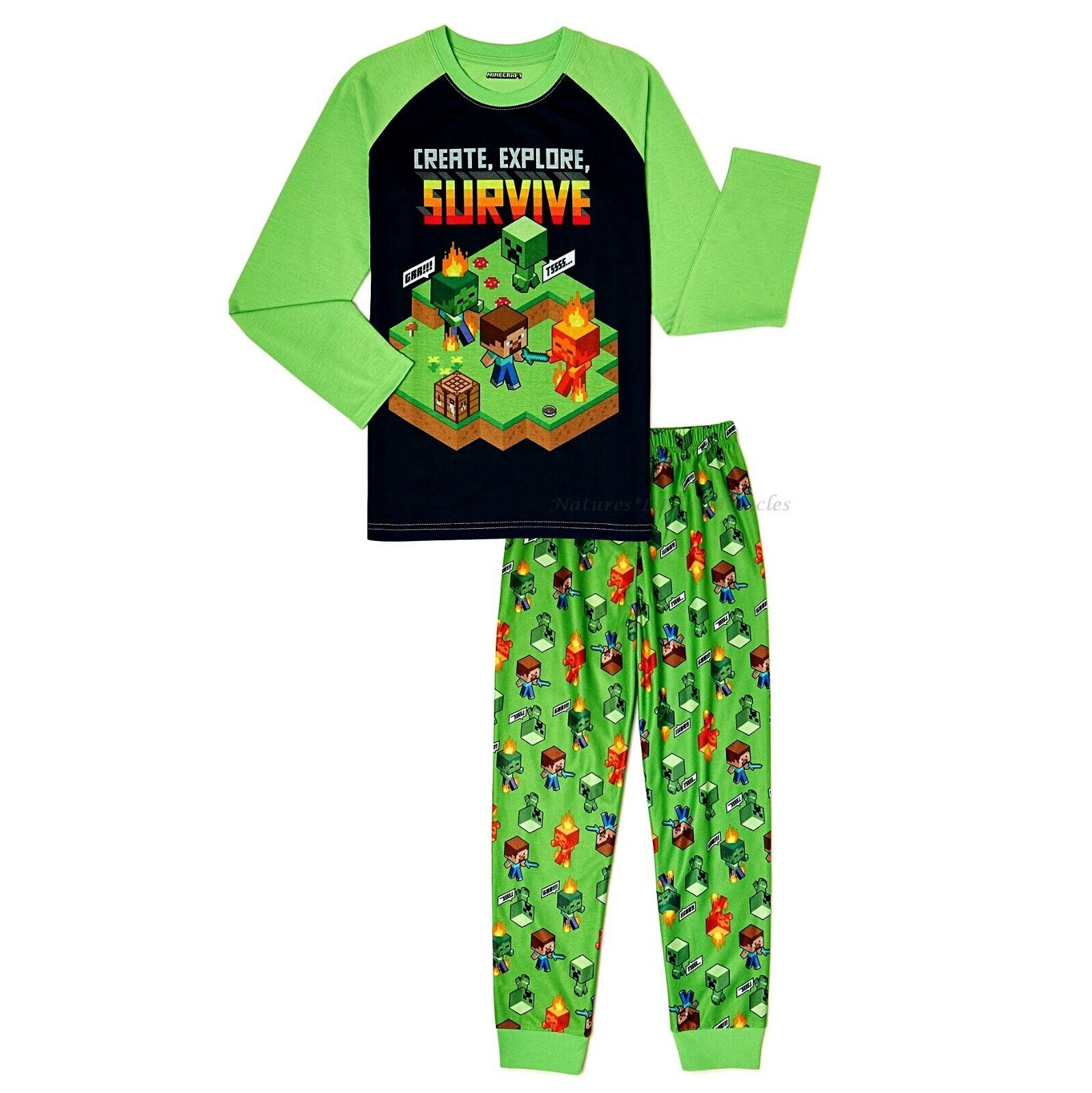 New Minecraft Zombie Creeper Boys Long Sleeve Pajamas Set 2-Pieces Sz S 6/7