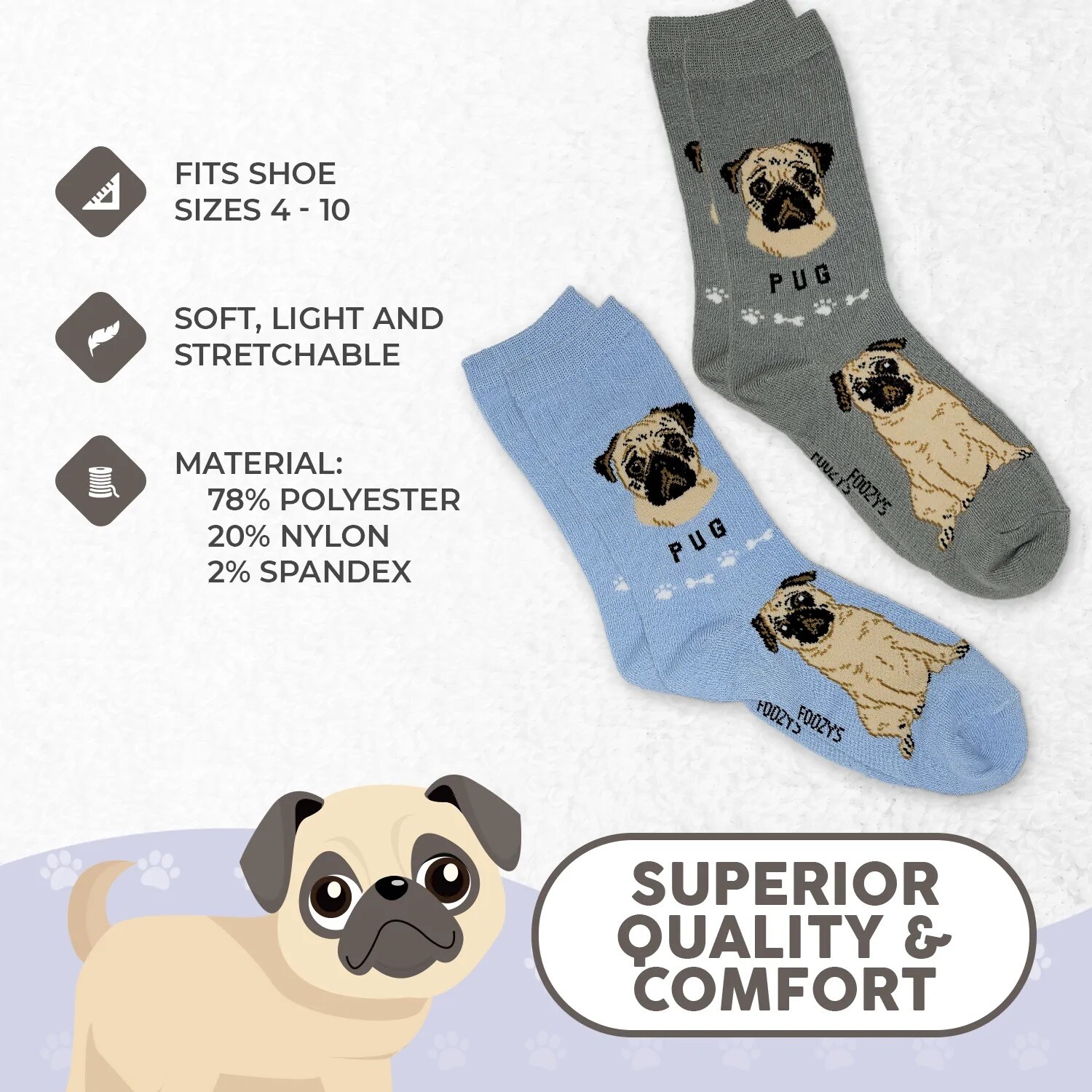 Pug Lapdog Wrinkled Toy Dog Breed Women’s Foozys Puppy Cute Dogs 2 Pairs Socks