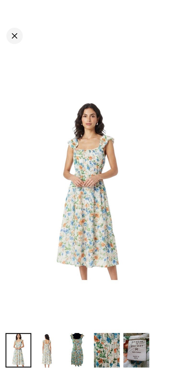 Floral Square-Neck Midi Dress in Ivory with Blue & Orange Print Size M