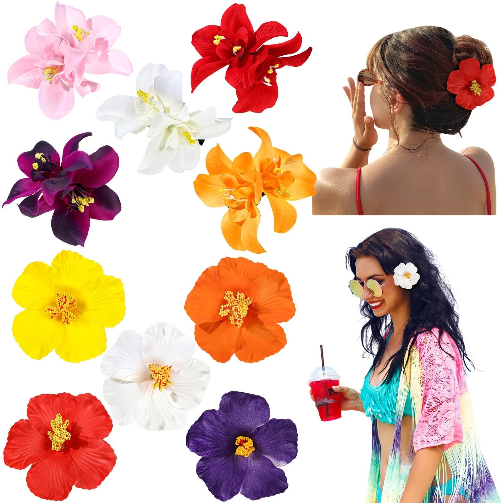 10 Pcs Hawaiian Flower Hair Clips for 1 Count (Pack of 10), Multicolor 1