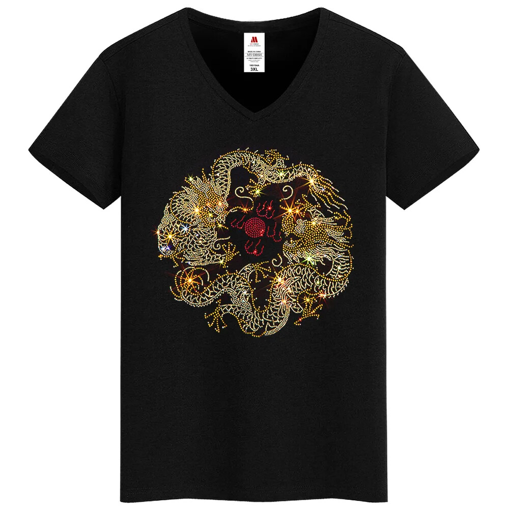 Fashion Dragon Rhinestone Summer Short Sleeve Luxury Men Trend V-Neck T-Shirt