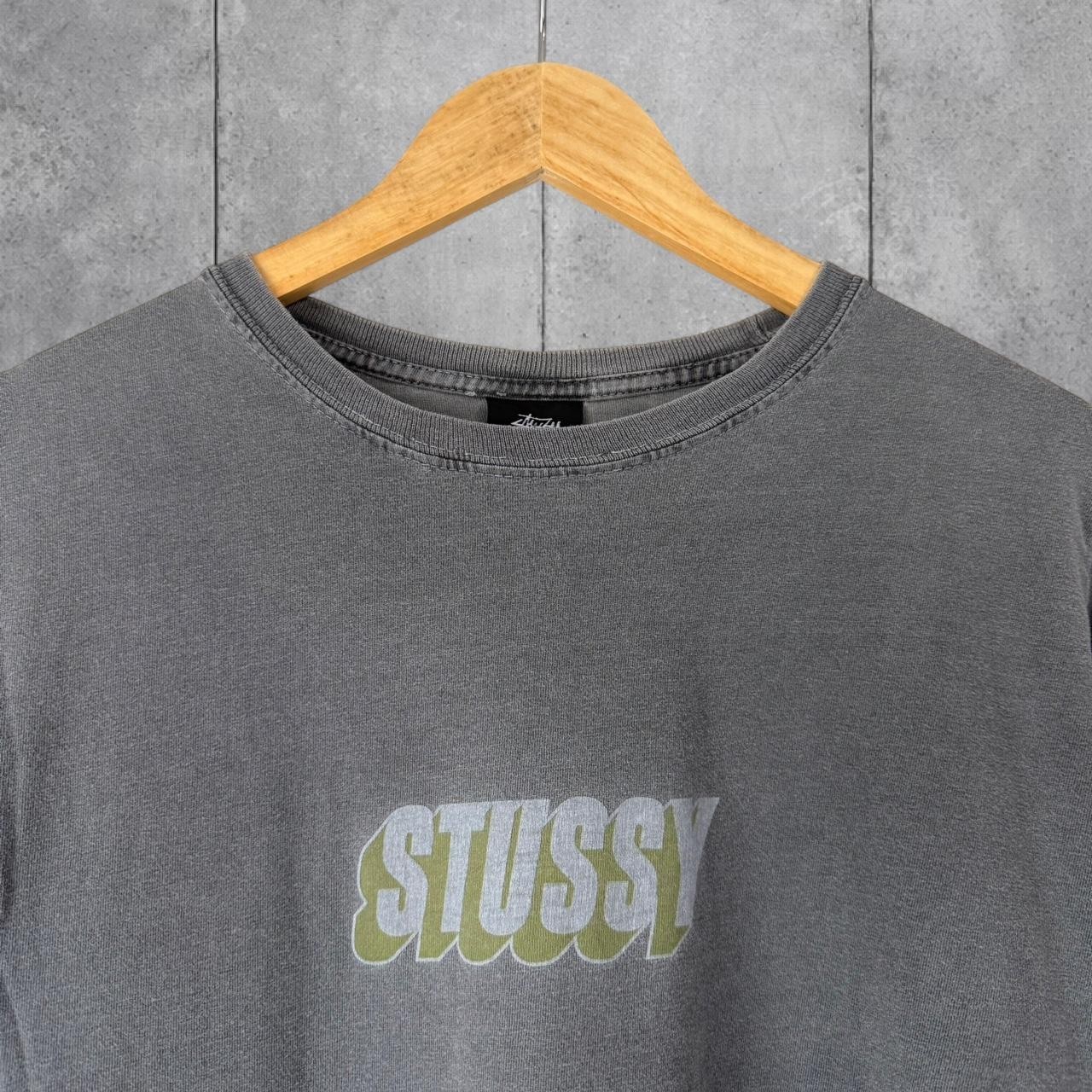 Stüssy Men’s Grey and Green T-shirt Size M