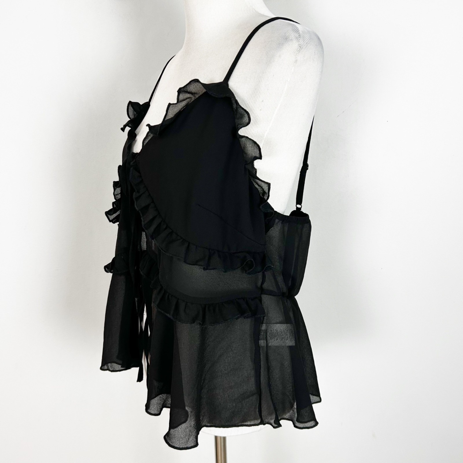 Women’s Black Semi-sheer Cami Tank Top Flowy Ruffles Swing Size 1XL