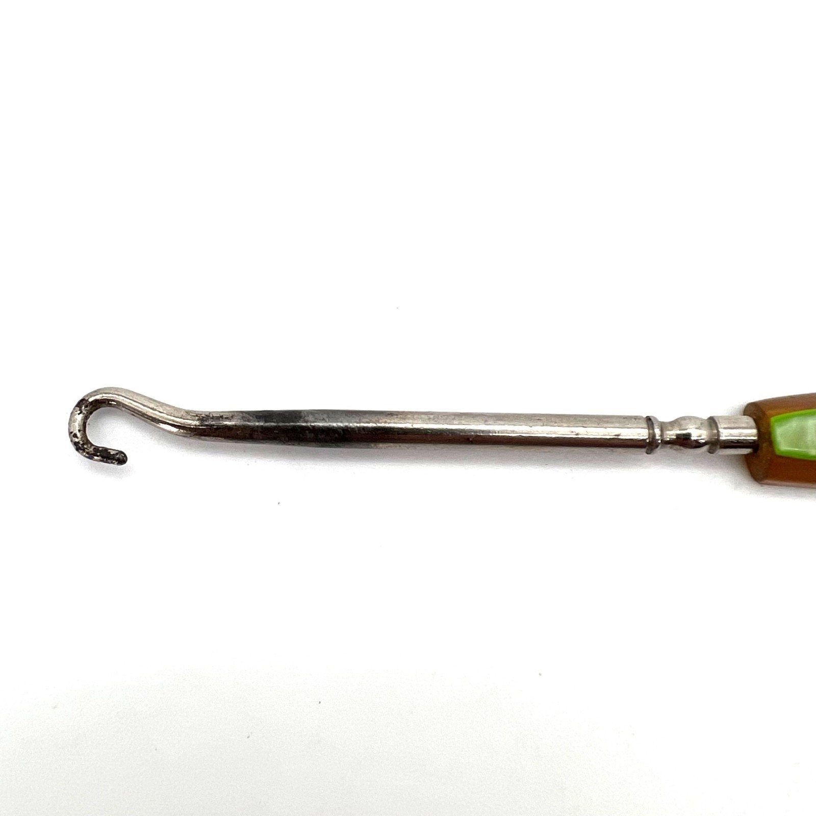 Vintage Victorian Era Bakelite Button Hook Tool Metal Shaft Pearl Green & Brown