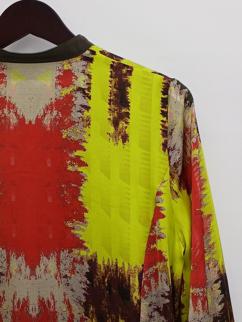 Gradient Check Satin Long Shirt Yellow M 75cm Style Casual Office