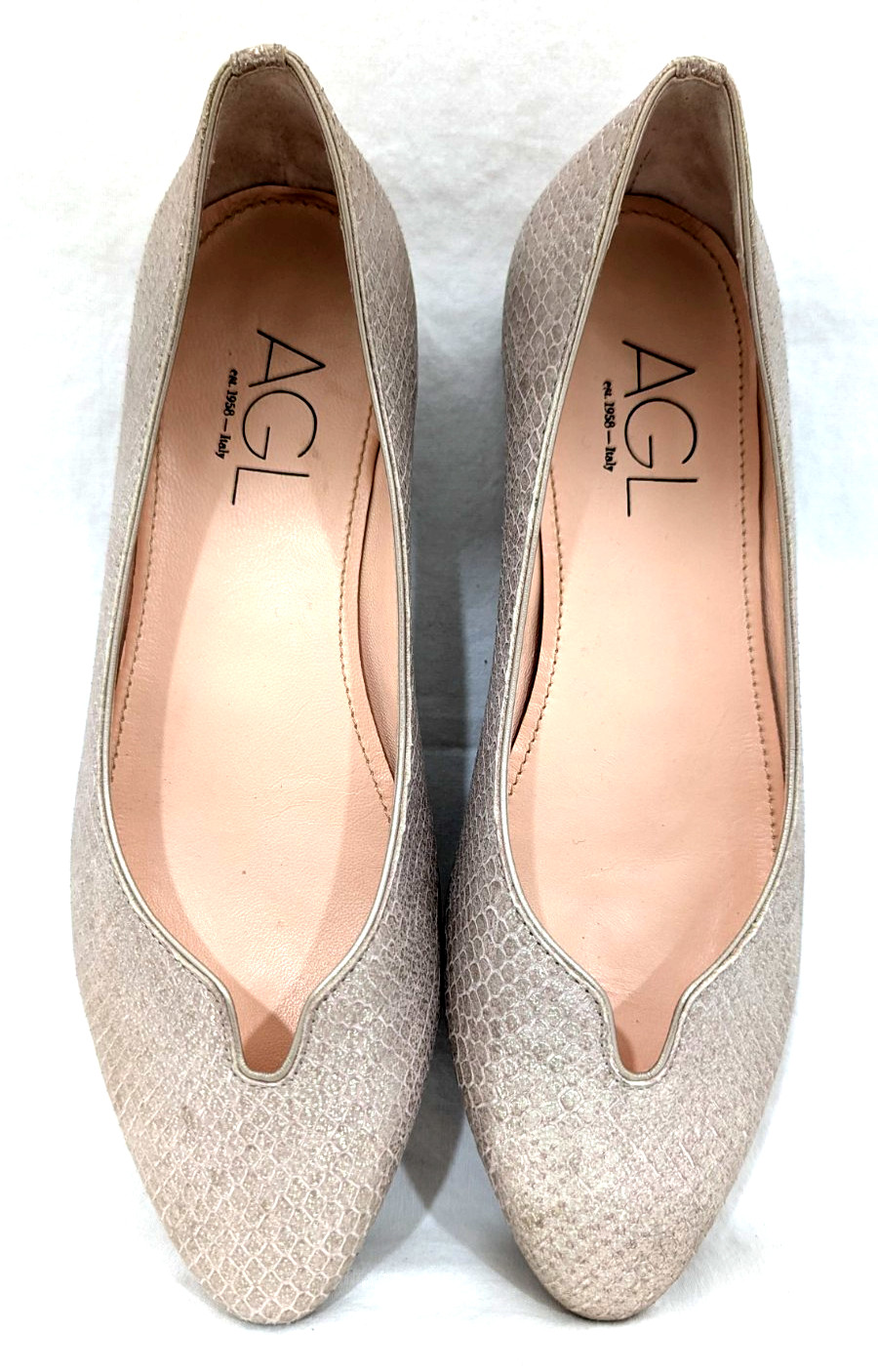 AGL Women’s Silver Snake Pink Nude Leather Loafers Flats Shoes US 7.5/37.5 EUC *
