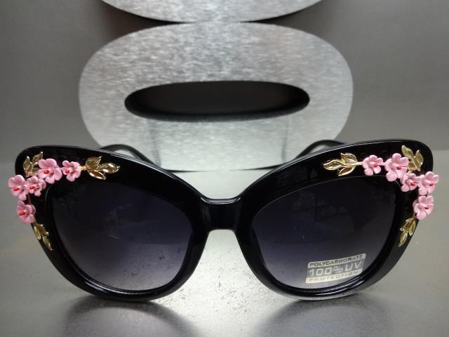 VINTAGE RETRO CAT EYE Style SUN GLASSES Black Frame Unique Floral Flower Design