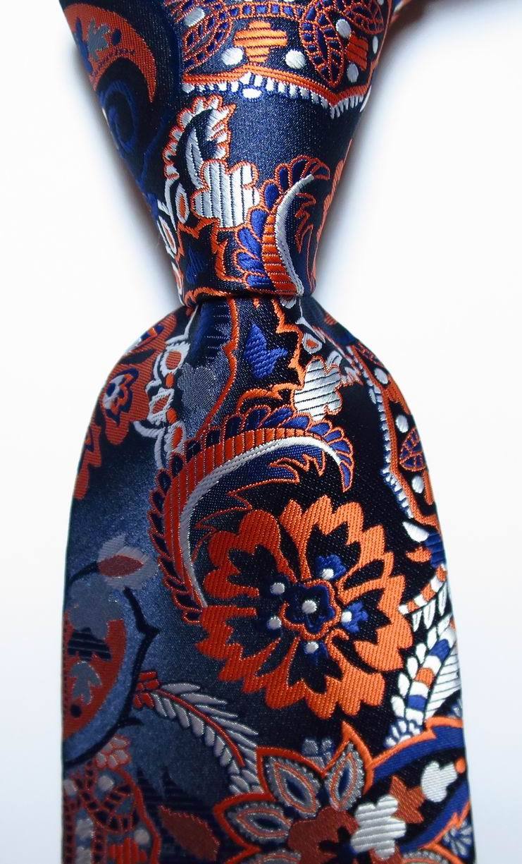 New Classic Floral Dark Blue White Orange JACQUARD WOVEN Silk Men’s Tie Necktie