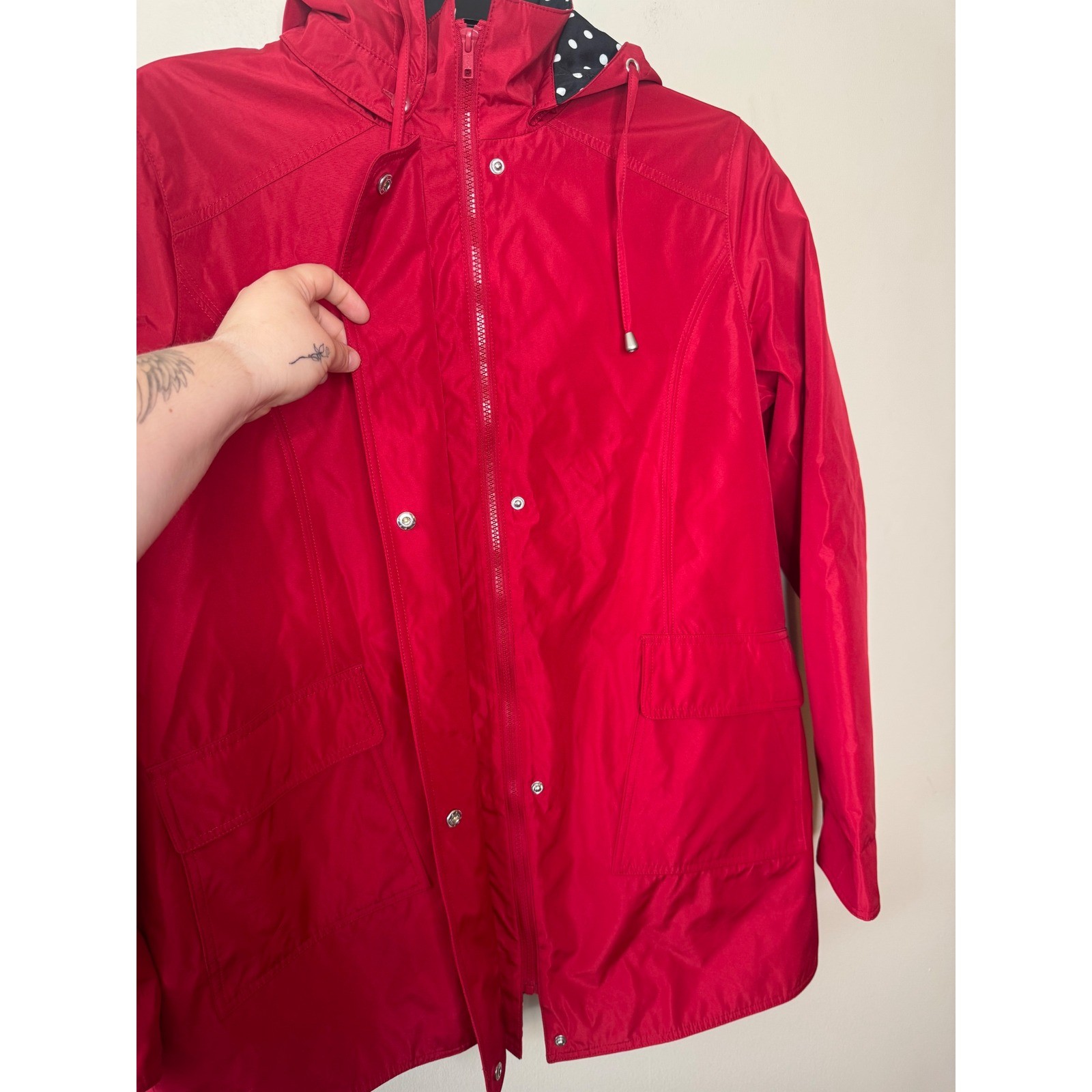 Rain Jacket Woman Within Red Hooded Polka Dot Lining Windbreaker
