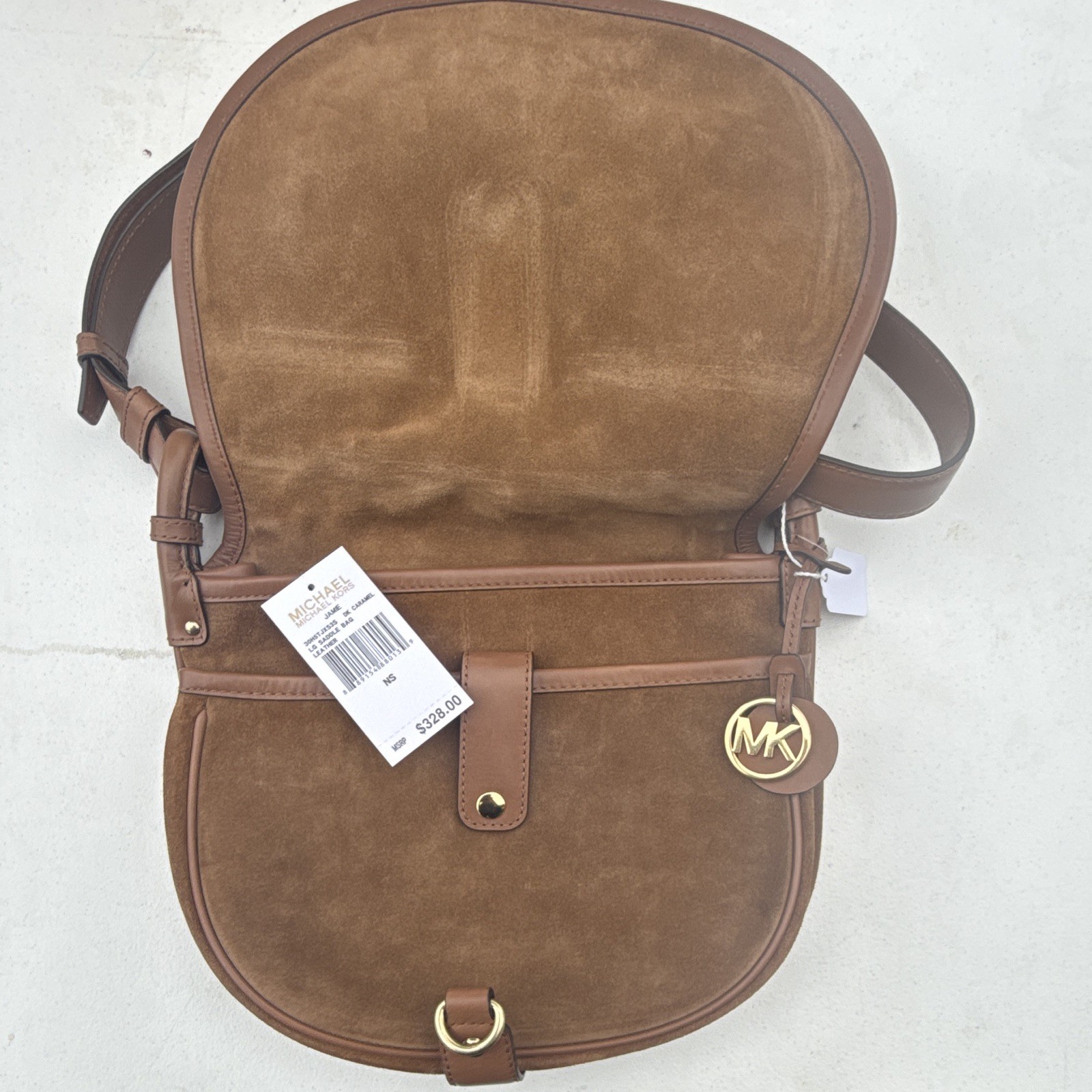 Michael Kors Jamie Caramel Large Leather Saddle Crossbody Bag Gold Snap Closure