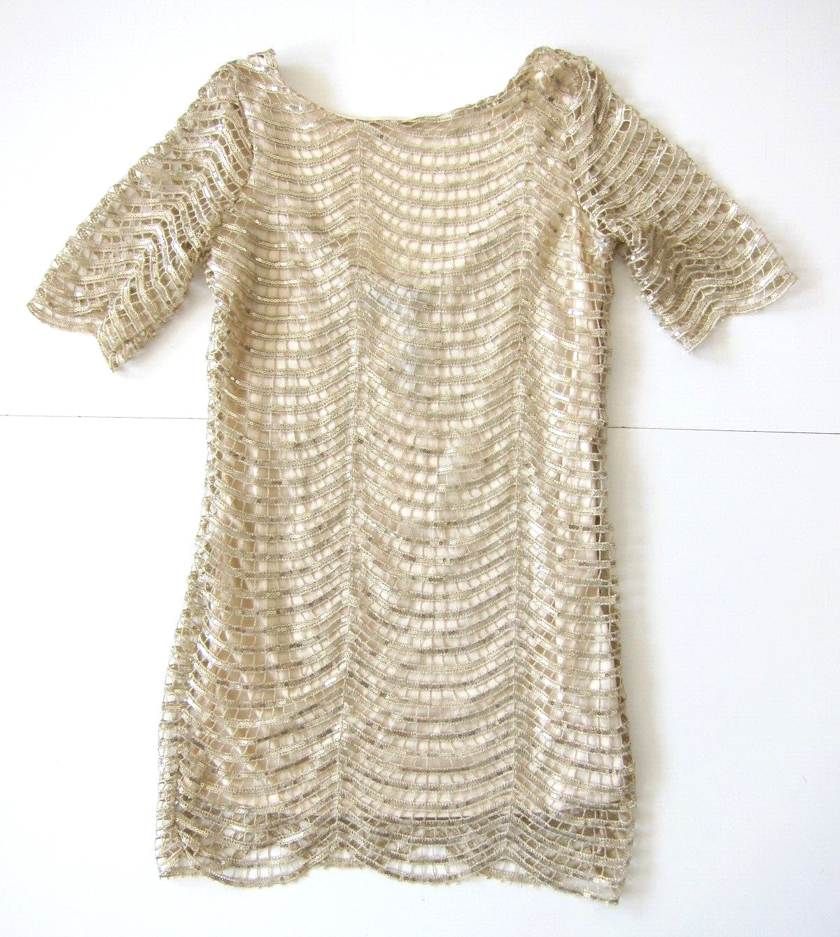 NWT HAODUOYI Gold Sequin Beaded Open Back Short Sleeve Tunic Dress Small