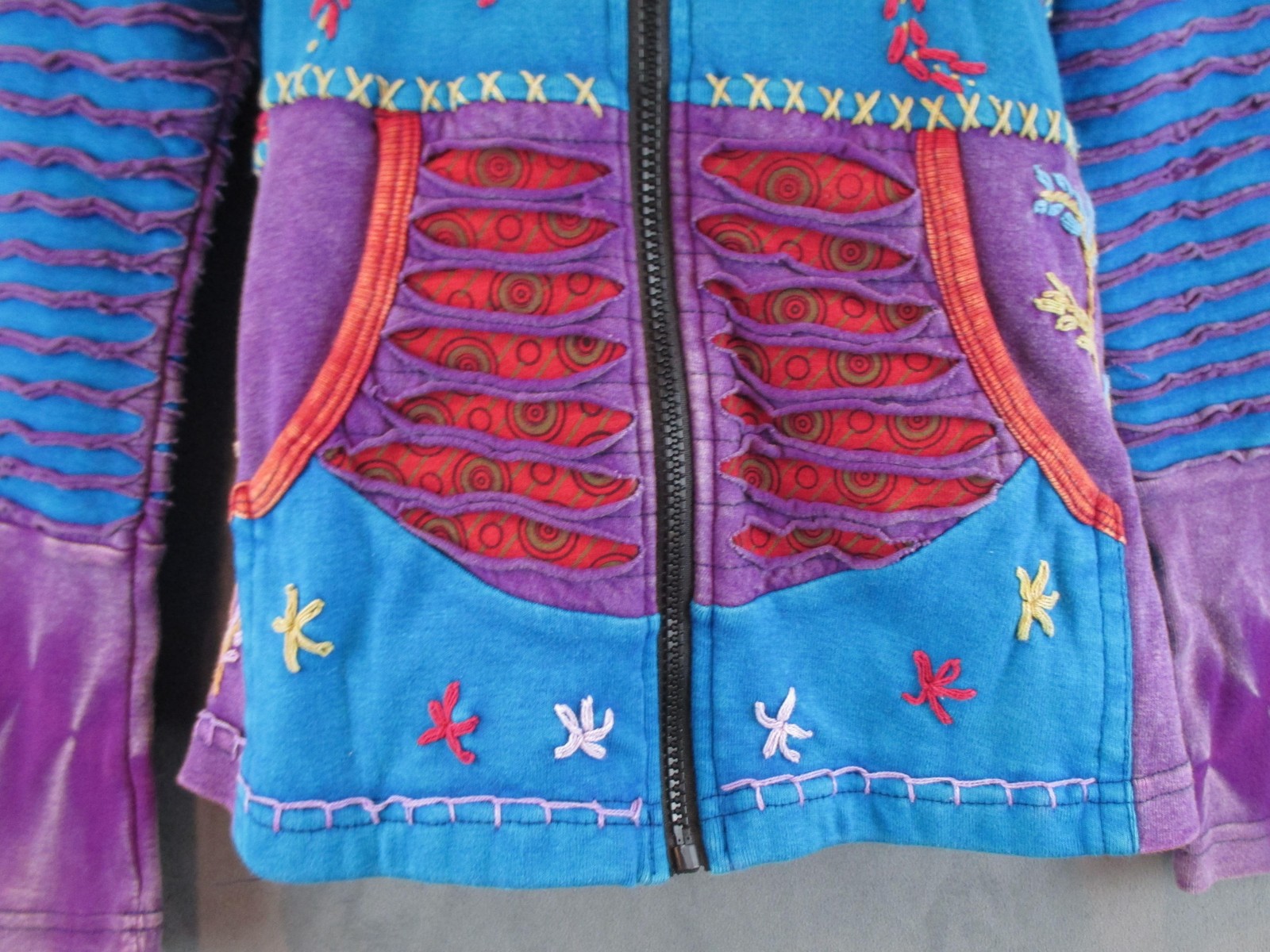 India Boutique Jacket Womens Medium Multicolor Hooded Embroidered Boho Hippie