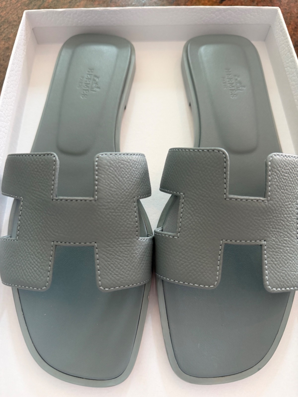 Hermes Oran Sandals Leather Gris Antartique (Greyish Blue) 39.5 New, no box