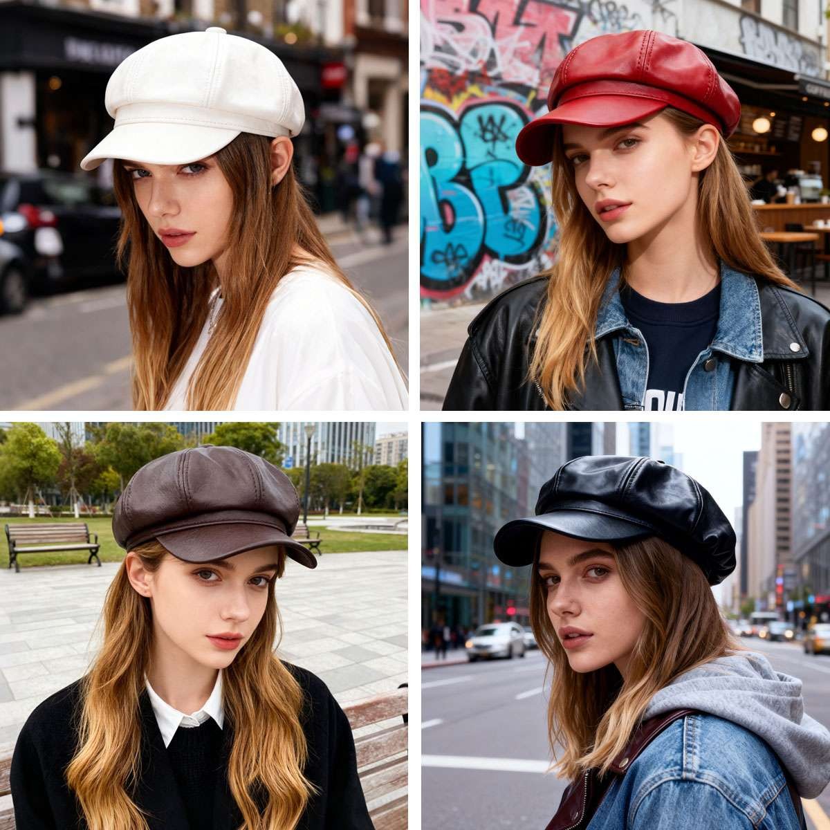 French Retro Ladies Artist PU Leather Beret Cap Baker Boy Peaked Cap Newsboy Hat