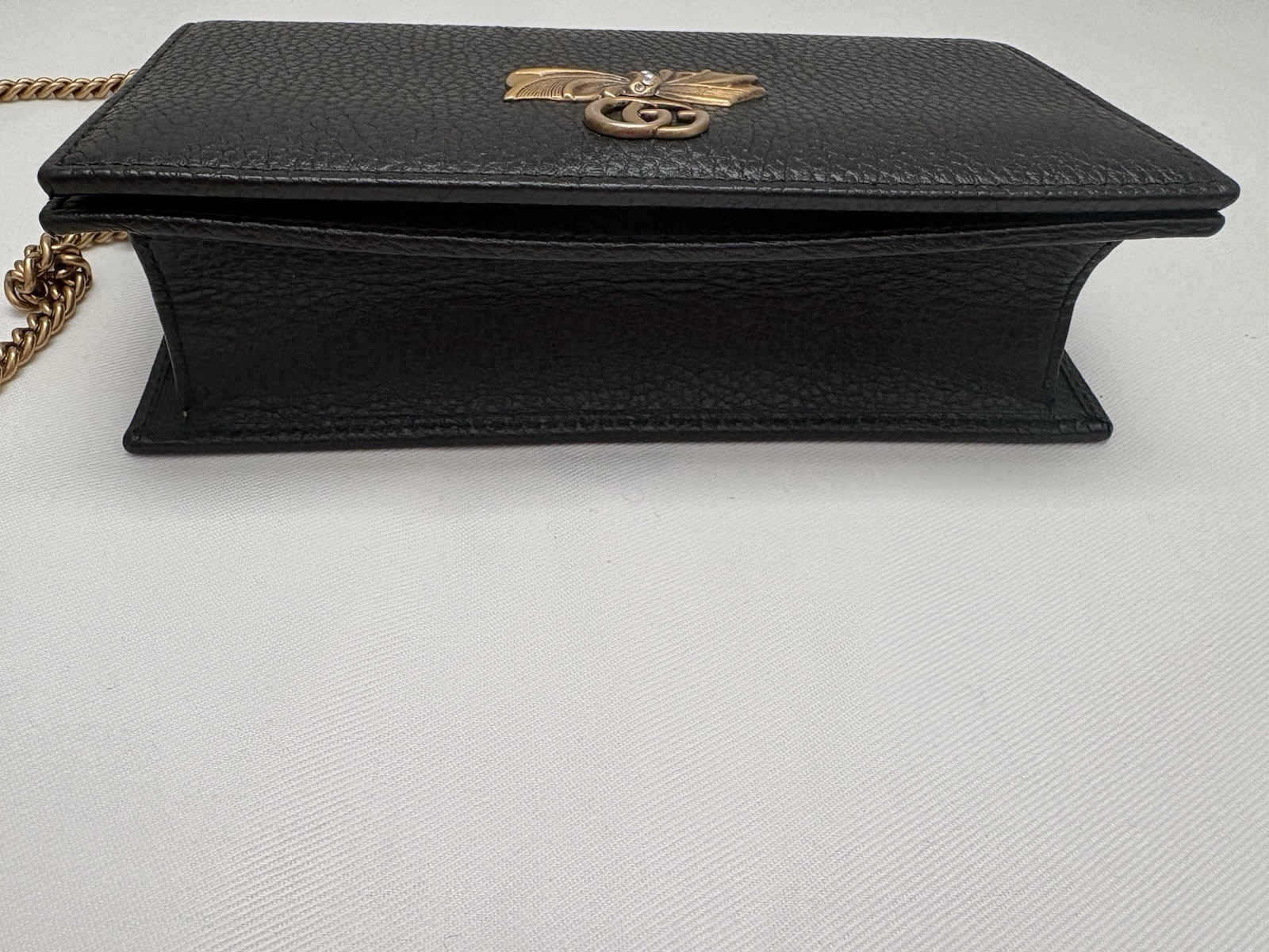 Gucci Marmont Bow Black Leather Clutch Wallet On Chain Gold GG Crossbody Bag