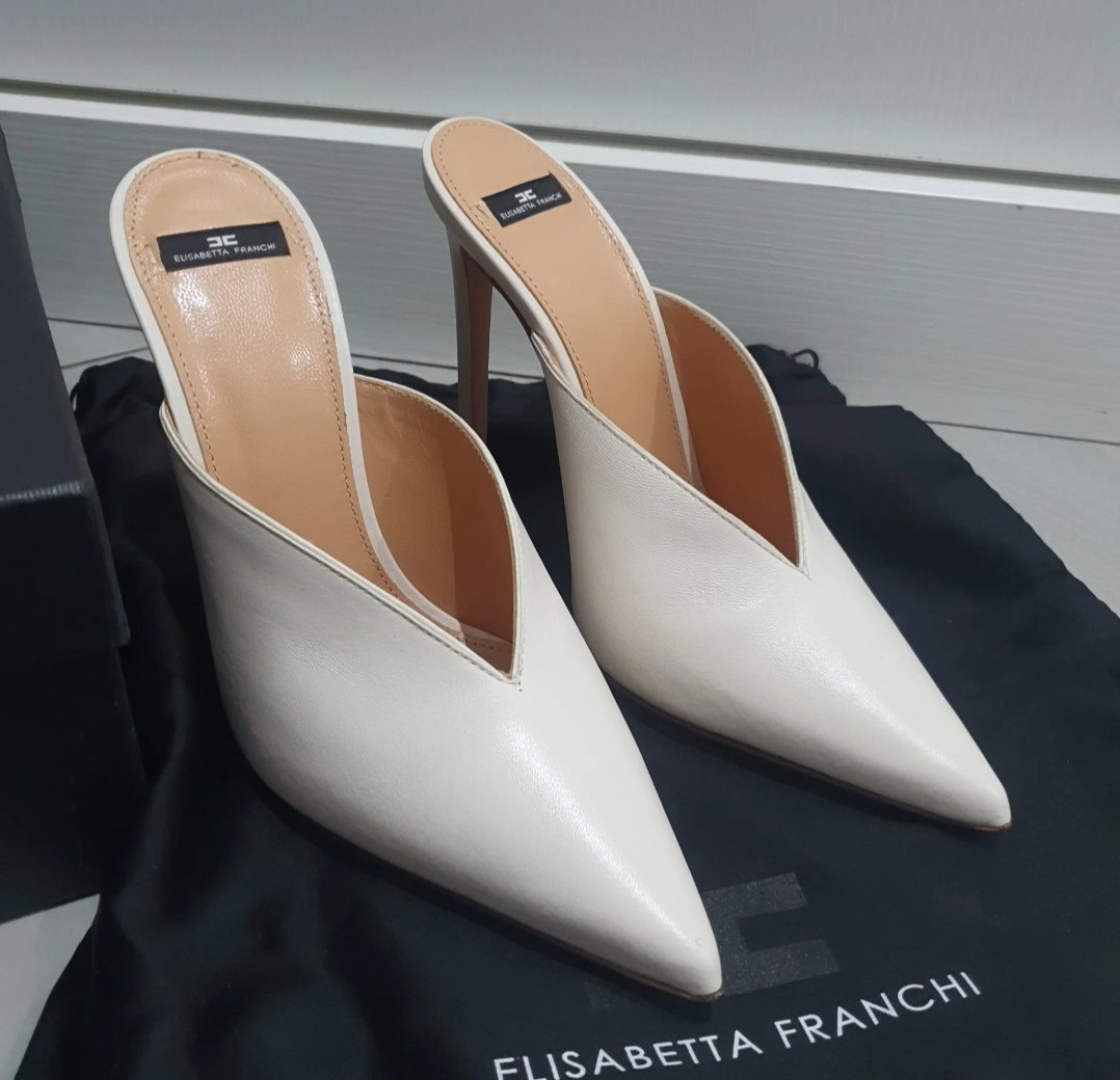 Elisabetta Franchi White Leather Pointed Toe Mules 100mm Heels EU 37 NWT Box