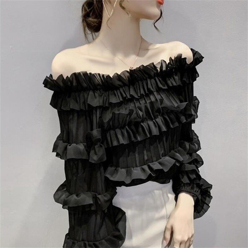 Ladies Ruffled Off Shoulder Top Long Puff Sleeve Blouse Lolita Shirt Sexy Club