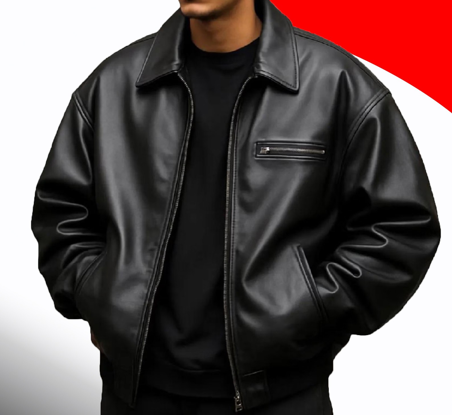 Men’s Black Baggy Oversized Leather Bomber Jacket Plus Size Boxy Leather Coat