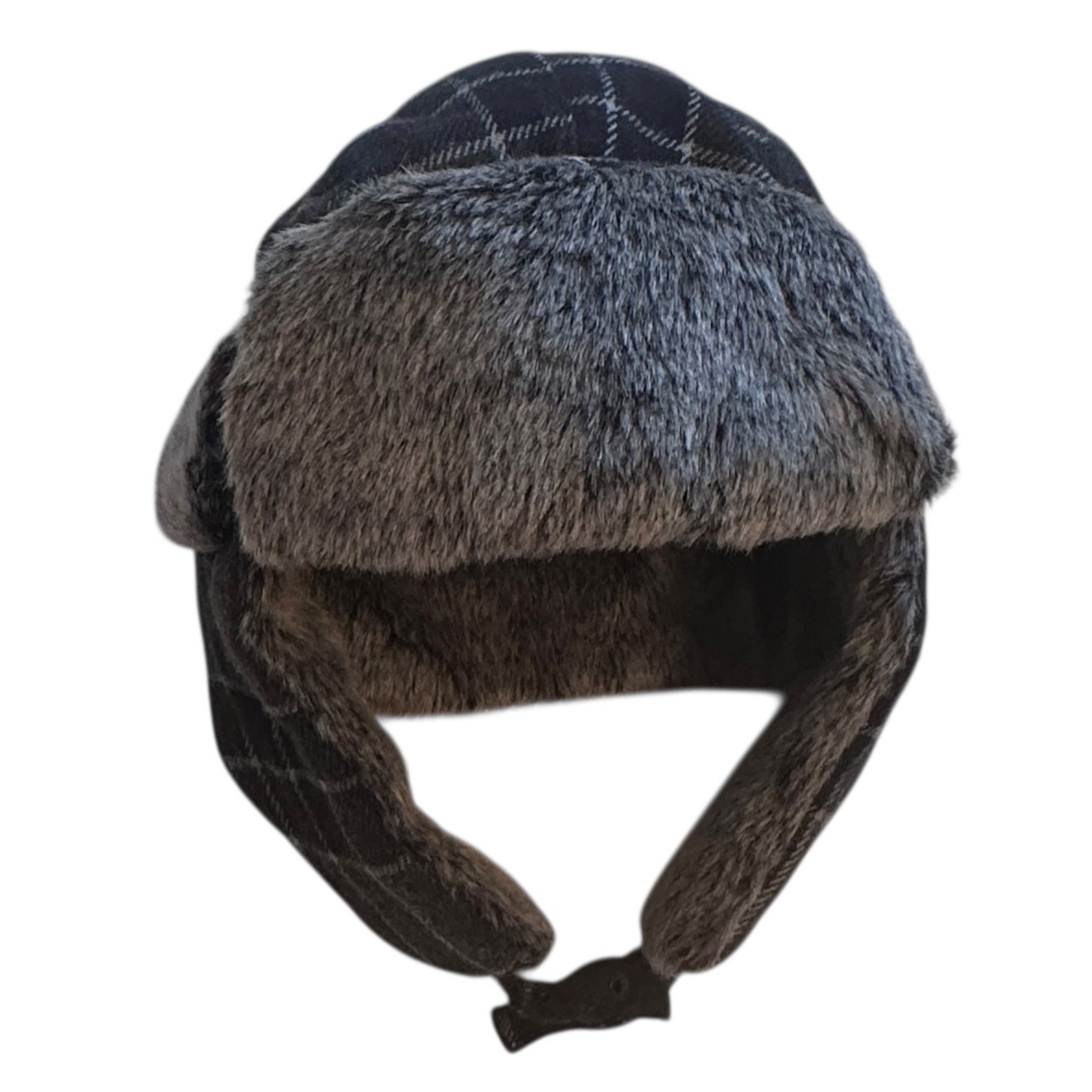 Dockers Trapper Hat One Size Gray Plaid Sherpa Faux Fur Trim Quilted Lined Warm