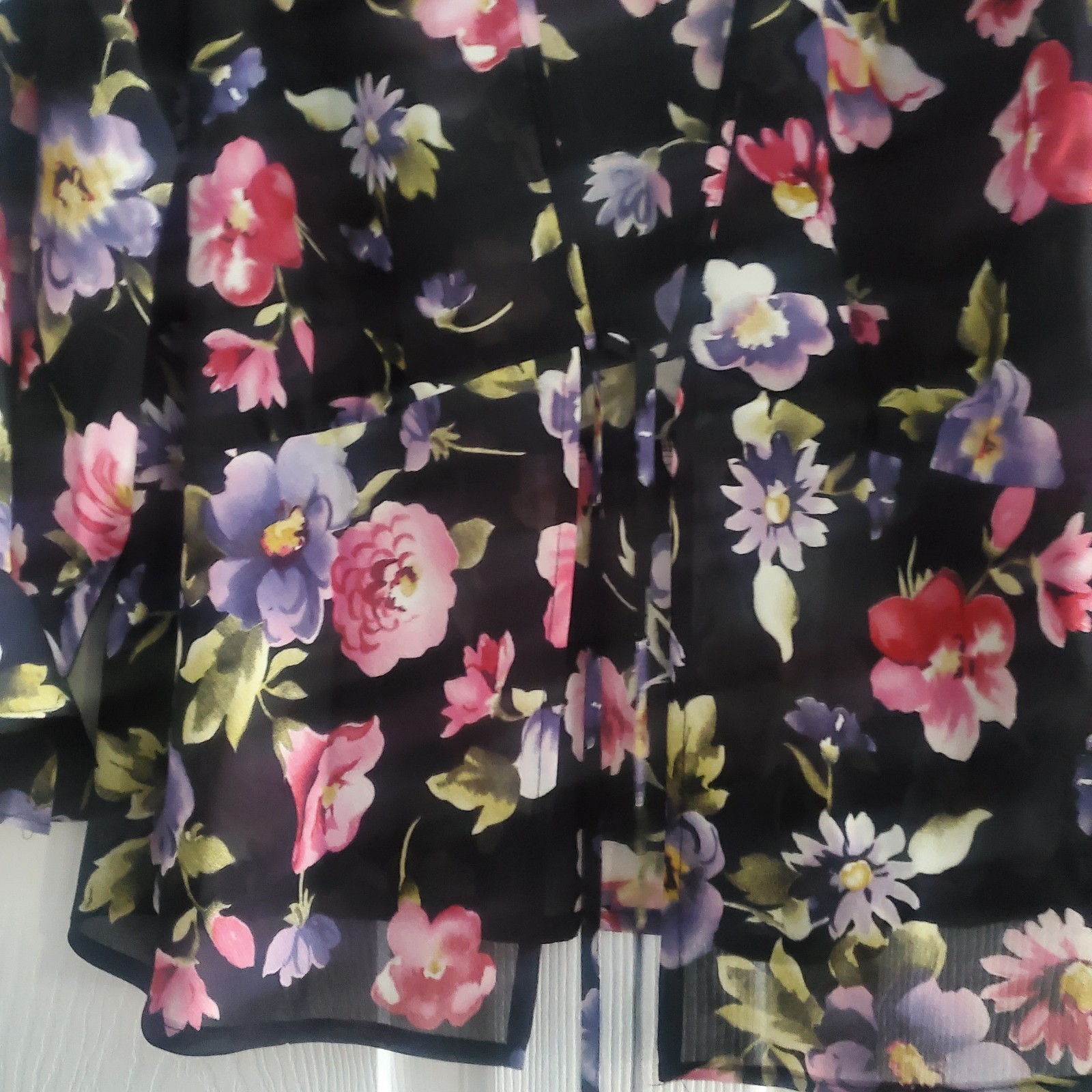 Miss Dorby 16 Petite Black Floral Blouse Semi Sheer Open Front With Tie Peum Hem