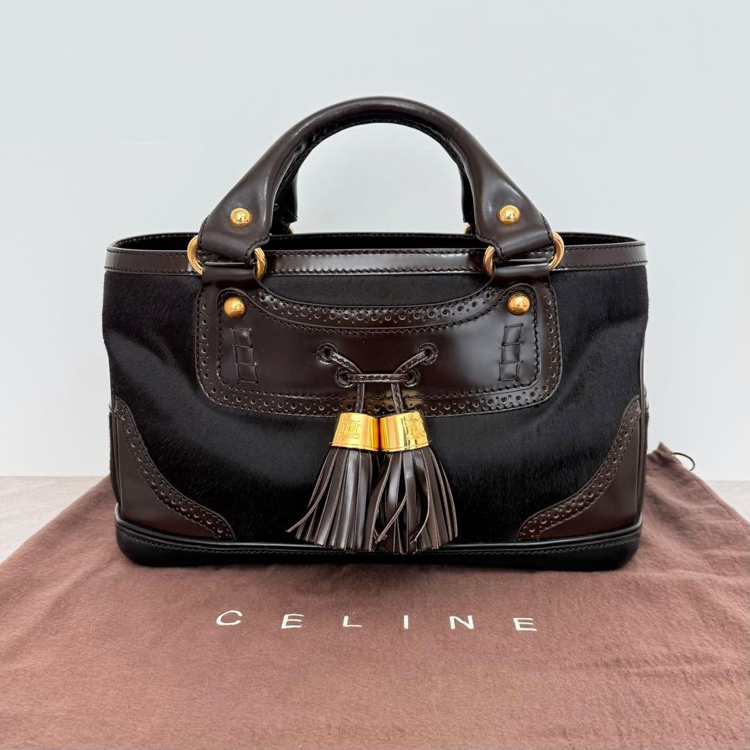 CELINE Calf Hair Boogie Bag Tote Bag Leather Dark Brown Tassel Vintage Used F/S