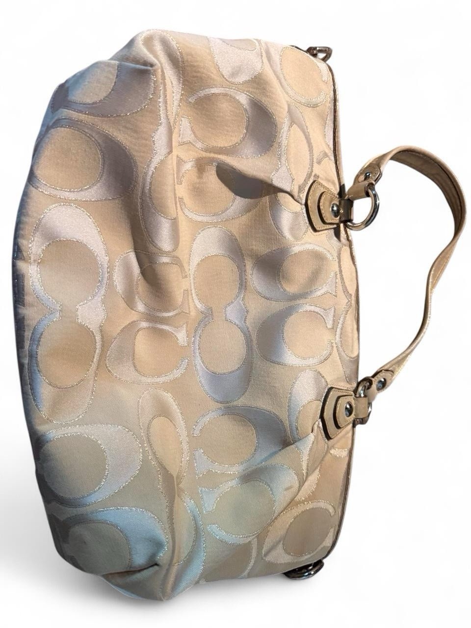Coach Large Beige Signature Logo Tote Bag Zip Closure Pink Lining Charm