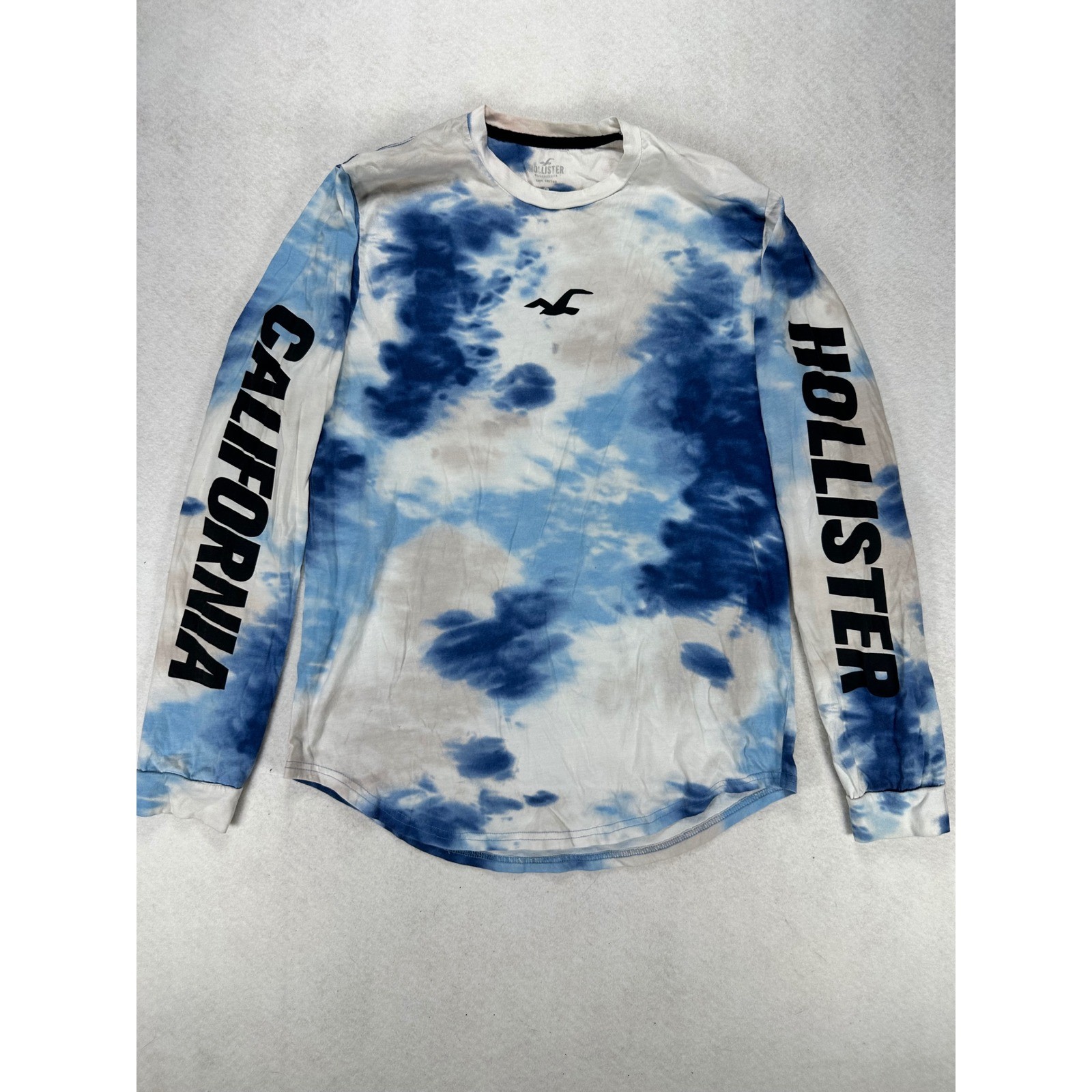Hollister California Tie Dye Long Sleeve Graphic Tee Blue White Cotton Large