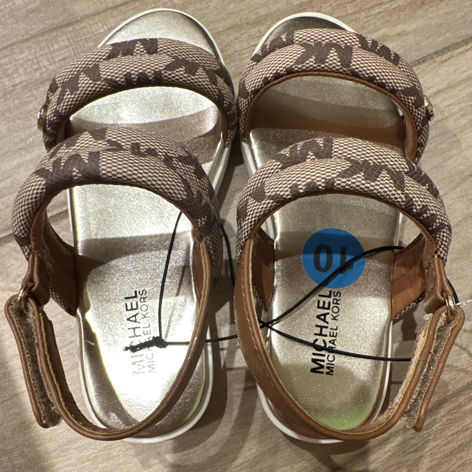 MICHAEL Michael Kors Girls Brown/Gold Logo Strappy Sandals Hook & Loop US 10