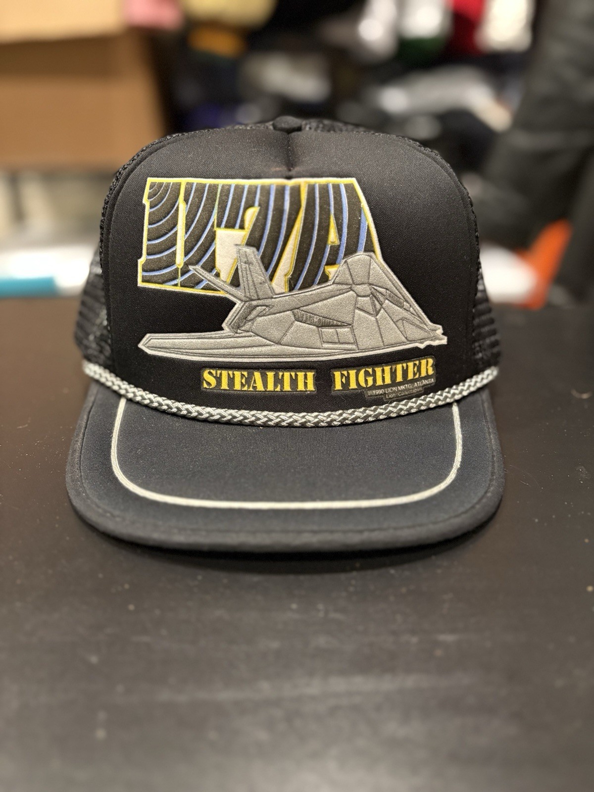 Vtg F-117A Stealth Fighter Jet Black Trucker Hat Mesh Back Snapback Closure