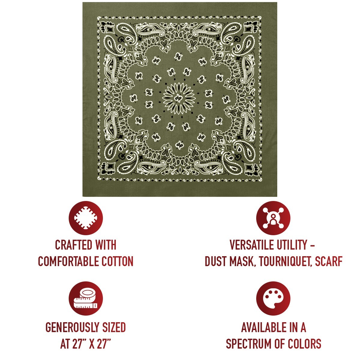 Rothco Jumbo Trainmen Paisley Bandana Cotton OD Green Headwrap Face Cover 27X27