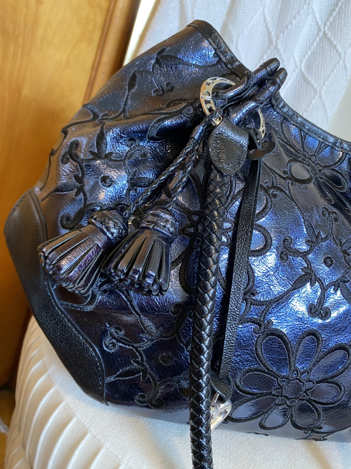 Brighton Valencia Sapphire Blue Metallic Leather Embroidered Flowers EUC