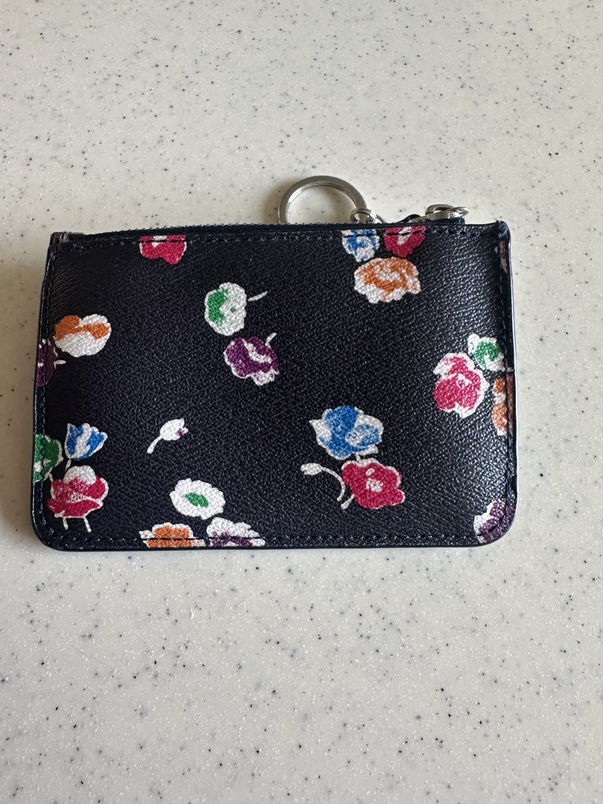 Coach Womens Zip Top Floral Logo Leather Keychain Pouch Wallet Black Multi