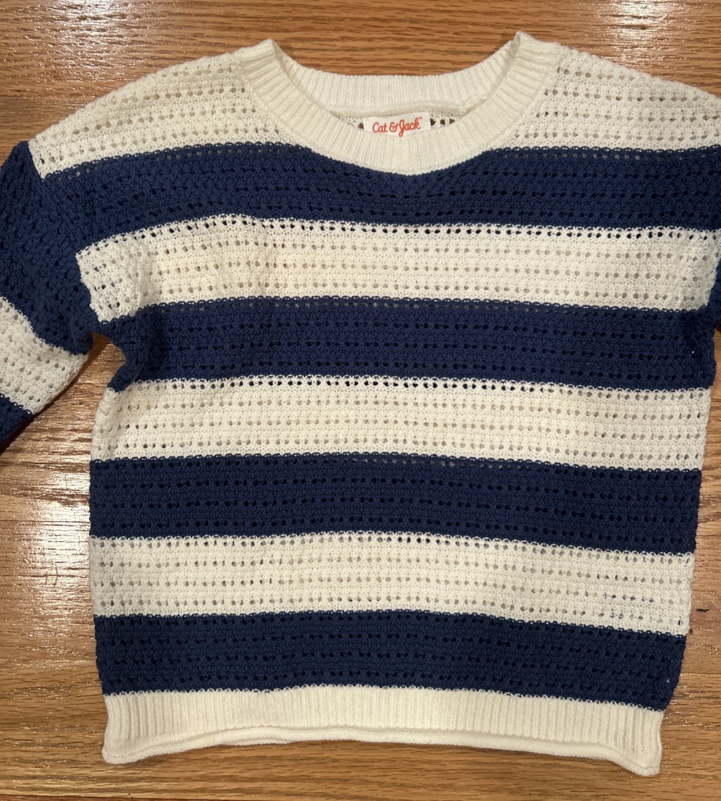 Cat & Jack Crochet Navy & Cream Stripe Long Sleeve Summer Sweater Size 6/7