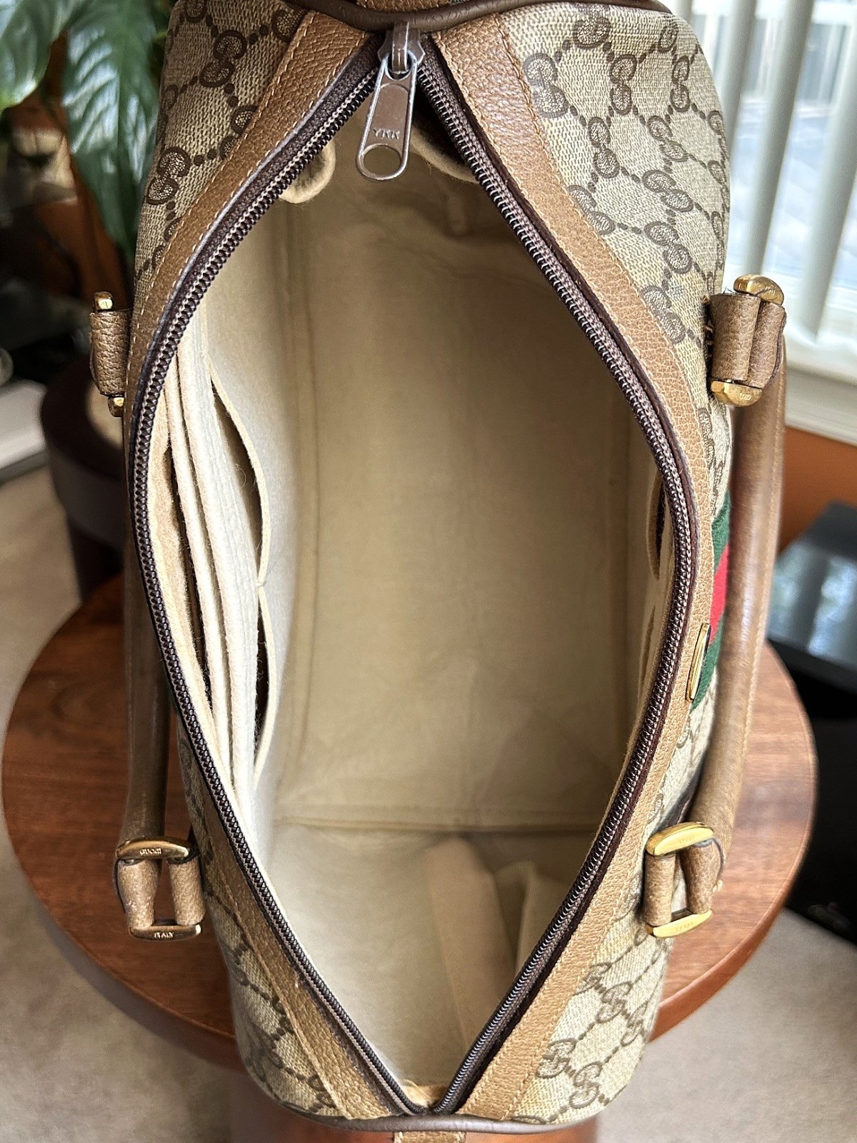GUCCI GG Supreme Monogram Sherry Web Boston Bag, Tan