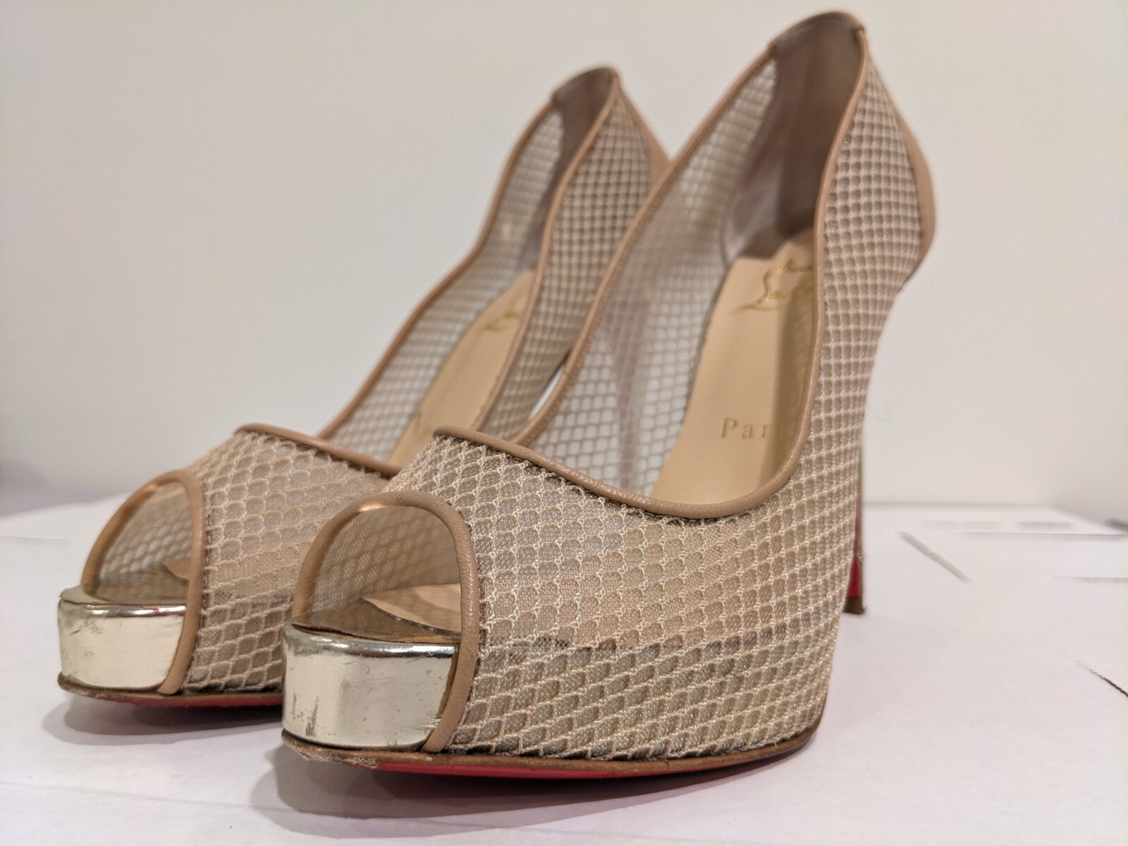 Christian Louboutin 37.5 Nude Very Rete 115mm Red Sole Mesh Fishnet Pumps