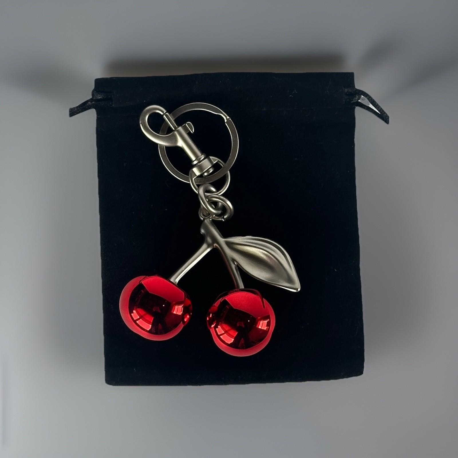 Mirrored Red Double Cherry Bag Charm | SILVER Keychain + Premium Velvet Dust Bag
