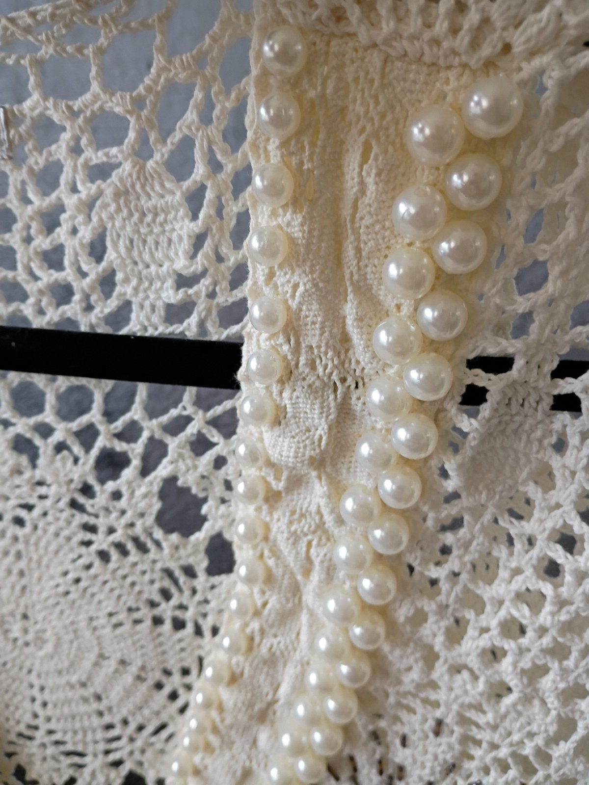 STYLE BRAND QUALITY Crochet top`Pearls Ruffle sleeve seed beads NICE!! LARGE