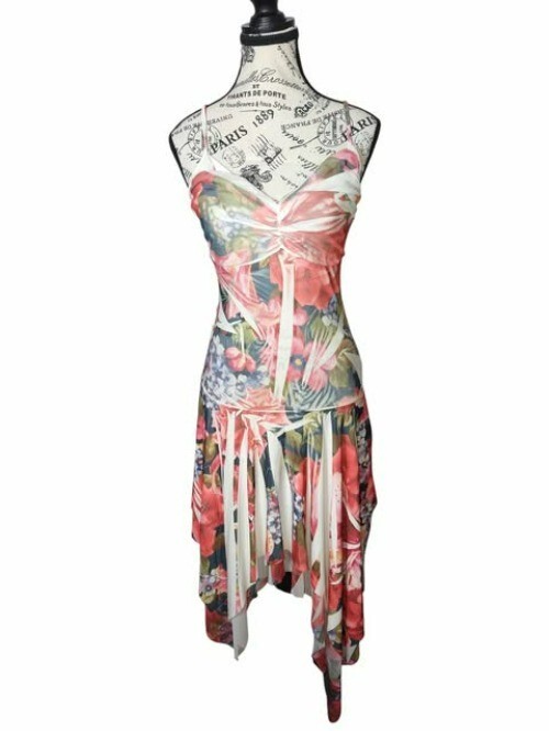 Womens M Floral Handkerchief Hem SpaghettiStrap RuchedDress Summercore Fairy