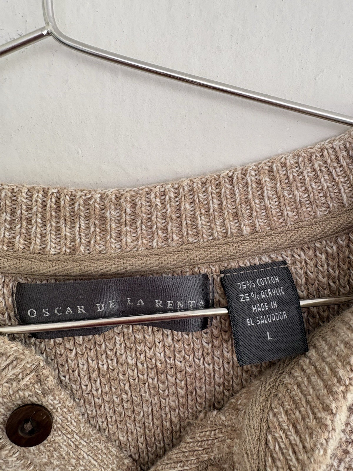 Oscar de la Renta Men’s Large Beige Henley Sweater Textured Knit Pullover Casual