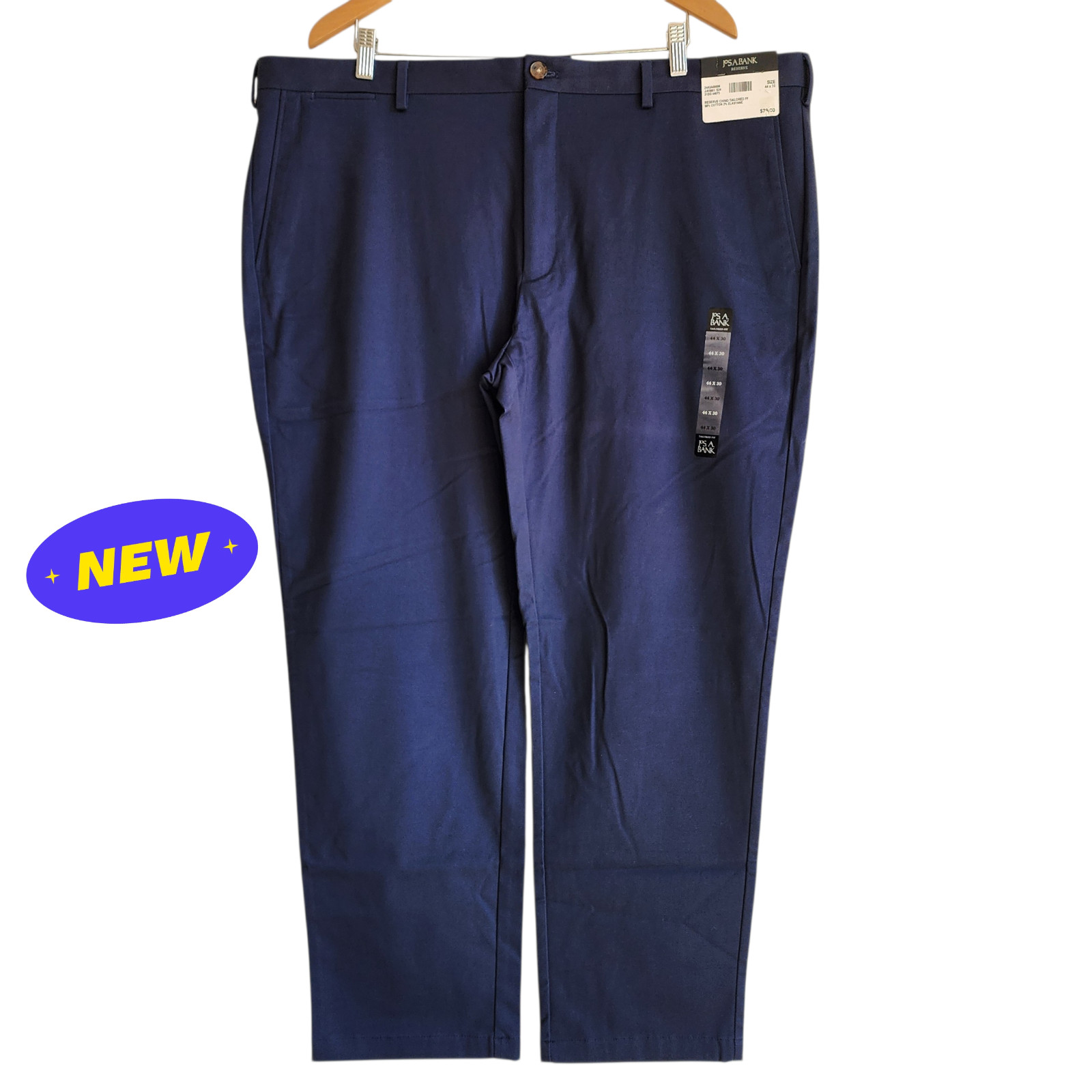 44×30 Navy Blue Chinos Jos A Bank Cotton Reserve Pants New Flat Front Khakis Man