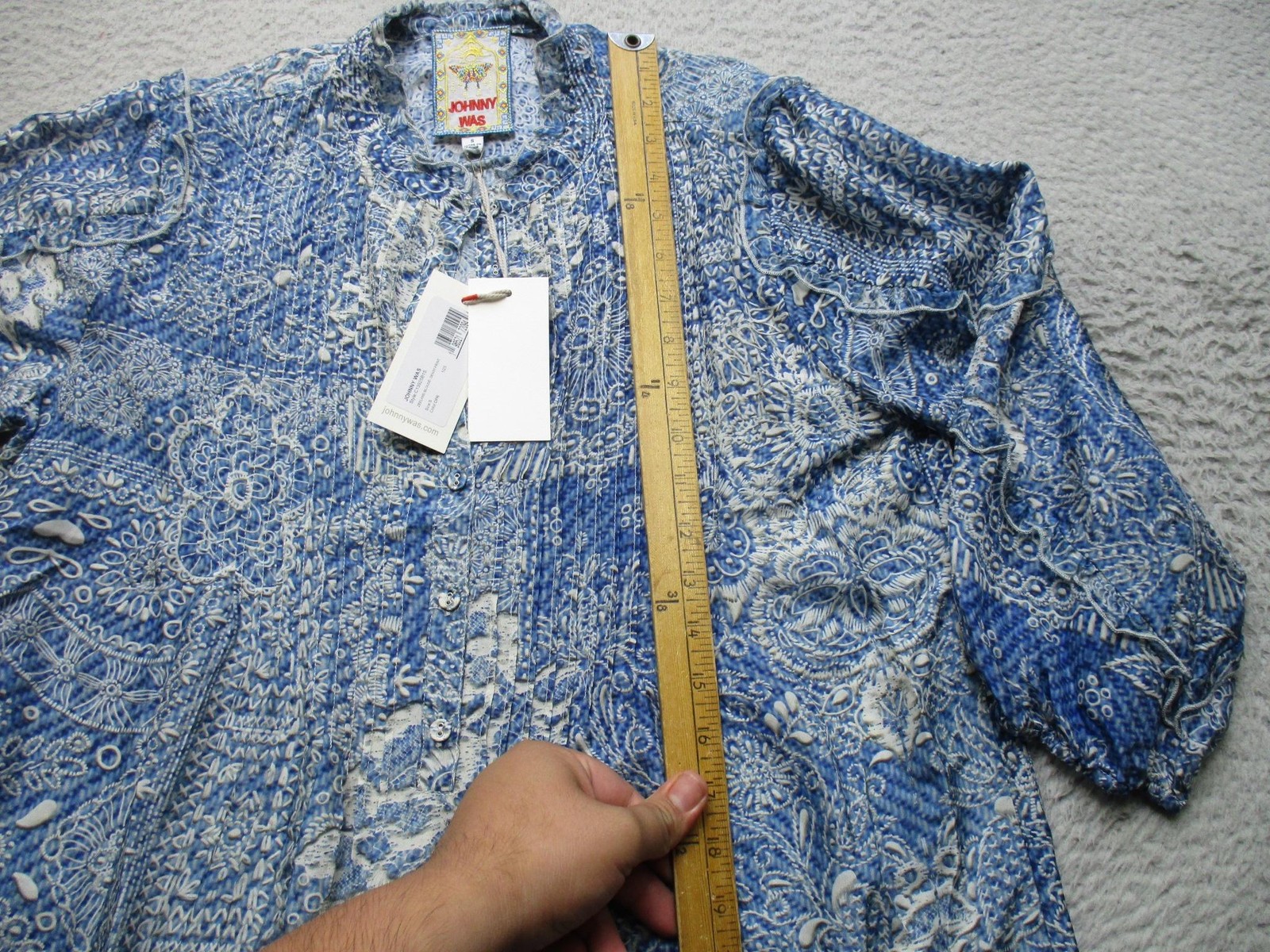 Johnny Was Blouse Womens Small Blue Zeeland Silk Floral Print Boho Tunic Top