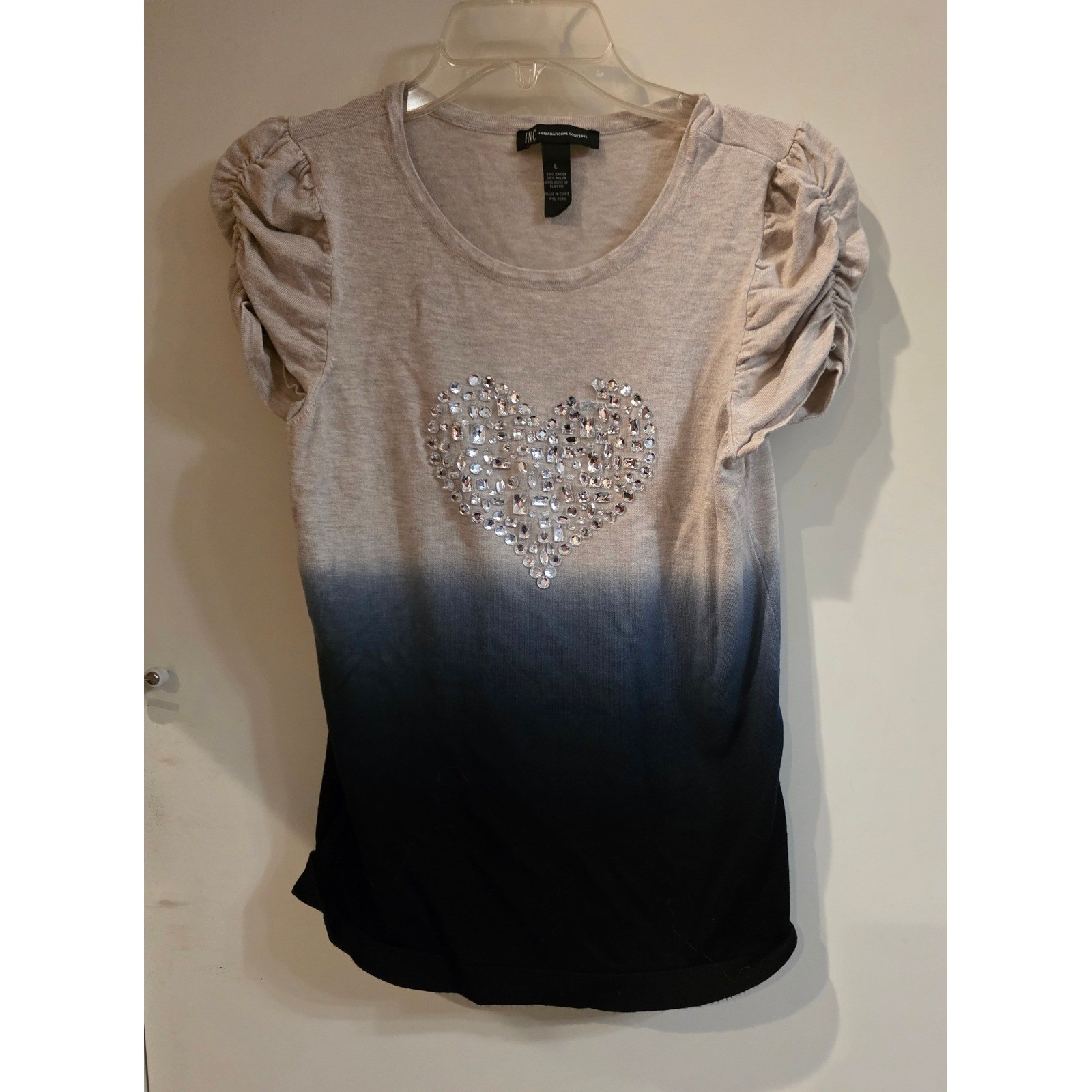INC International Concepts Ombre Rhinestone Heart Puff Sleeve Top Tan Navy Large