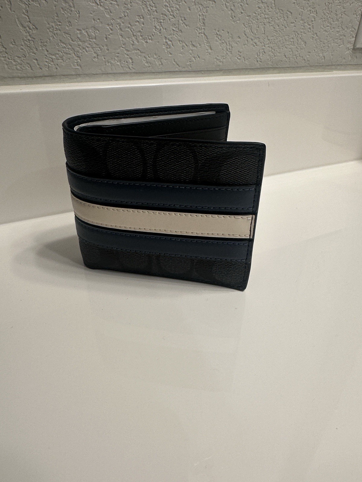 Coach Men’s Signature Bifold Wallet Black Blue White Stripe Card Slots