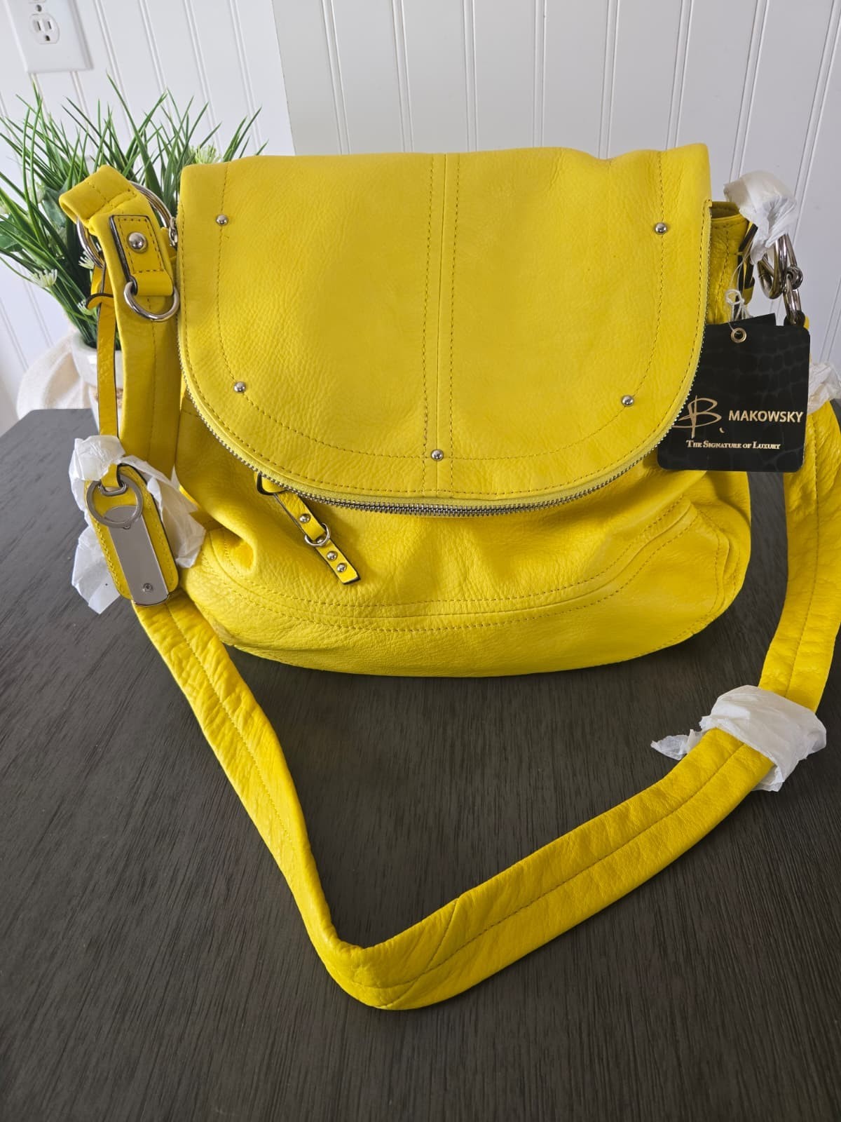 Brand New B. Makowsky Pebbled Leather Crossbody Bag Yellow Leather Purse NWT