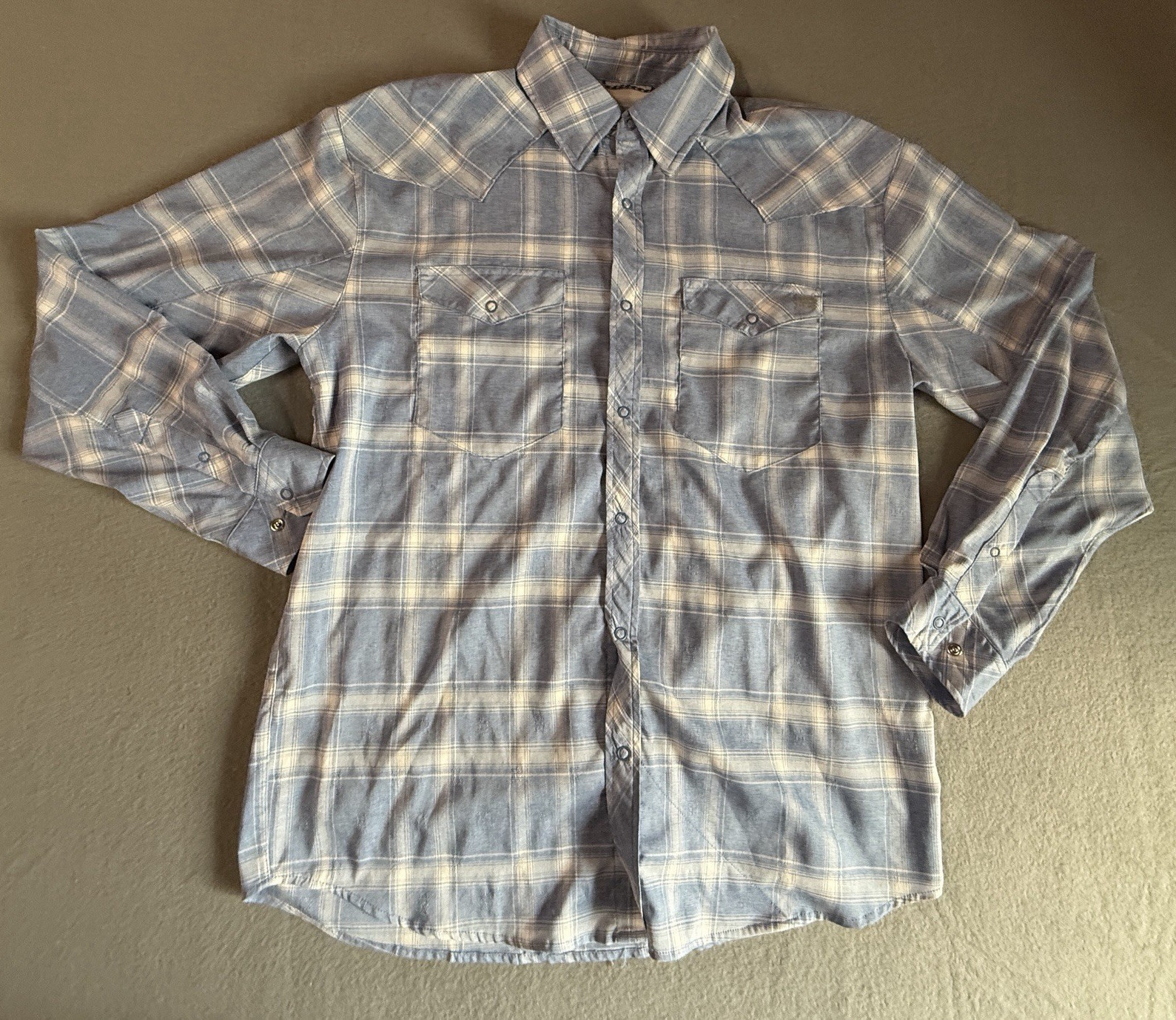 Huk Men’s L Blue/White Plaid Woven Long Sleeve Button-Up Point Collar Pockets