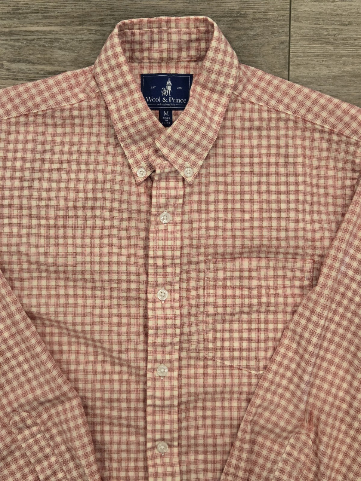 Wool And Prince Shirt Men’s Medium Plaid Worsted Wool Button Up Plaid Salmon EUC