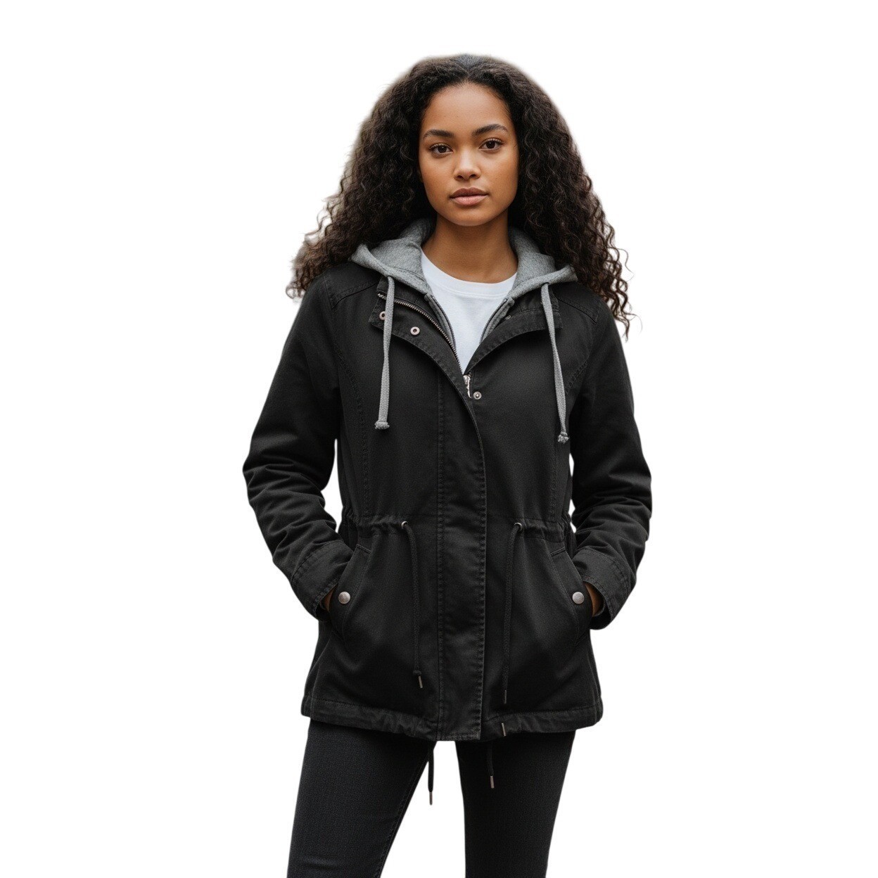 Style & Co 98% Cotton Utility Jacket Black Hooded Drawstring Effortless S