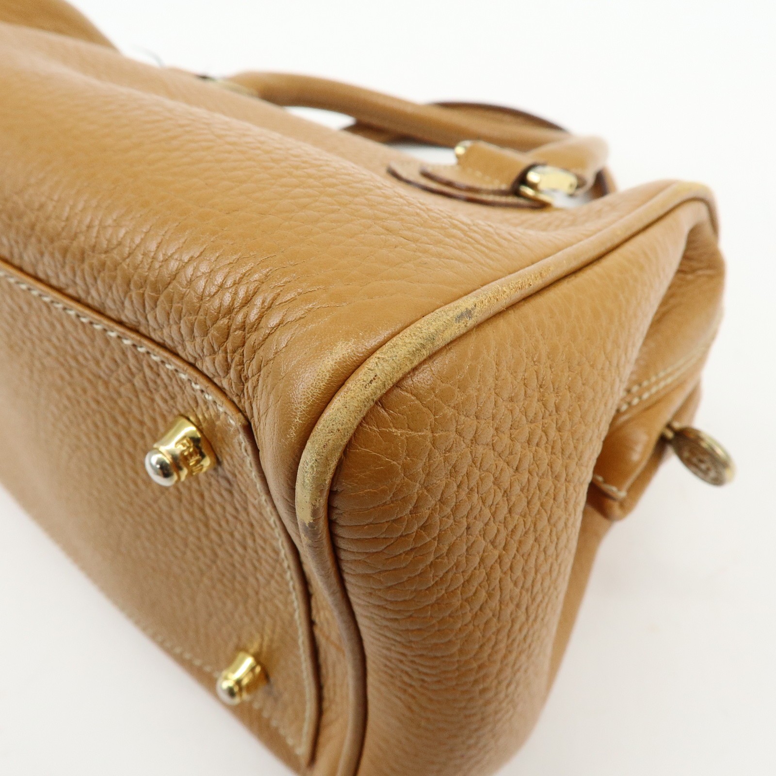 FENDI FF Logo Leather 2Way Bag Hand Bag Boston Bag Camel Authentic Used F/S