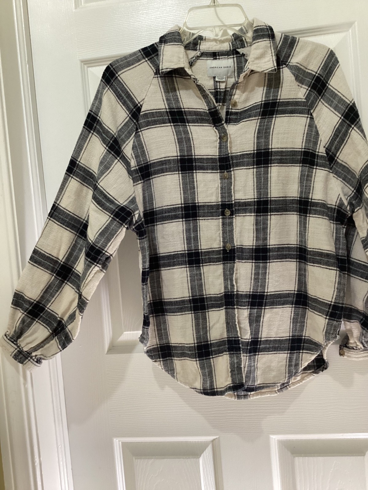 American Eagle Shirt Women Button Up Plaid Flannel Pheasant Sleeves~XS